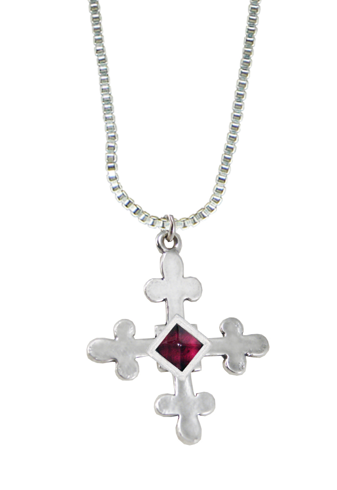 Sterling Silver Gothic Cross Pendant With Square Cut Garnet